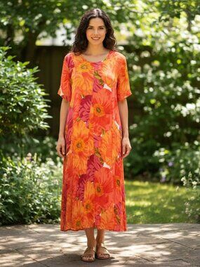 Nostalgia Vintage 90s Colorful Crinkle Rayon Maxi Dress  Large